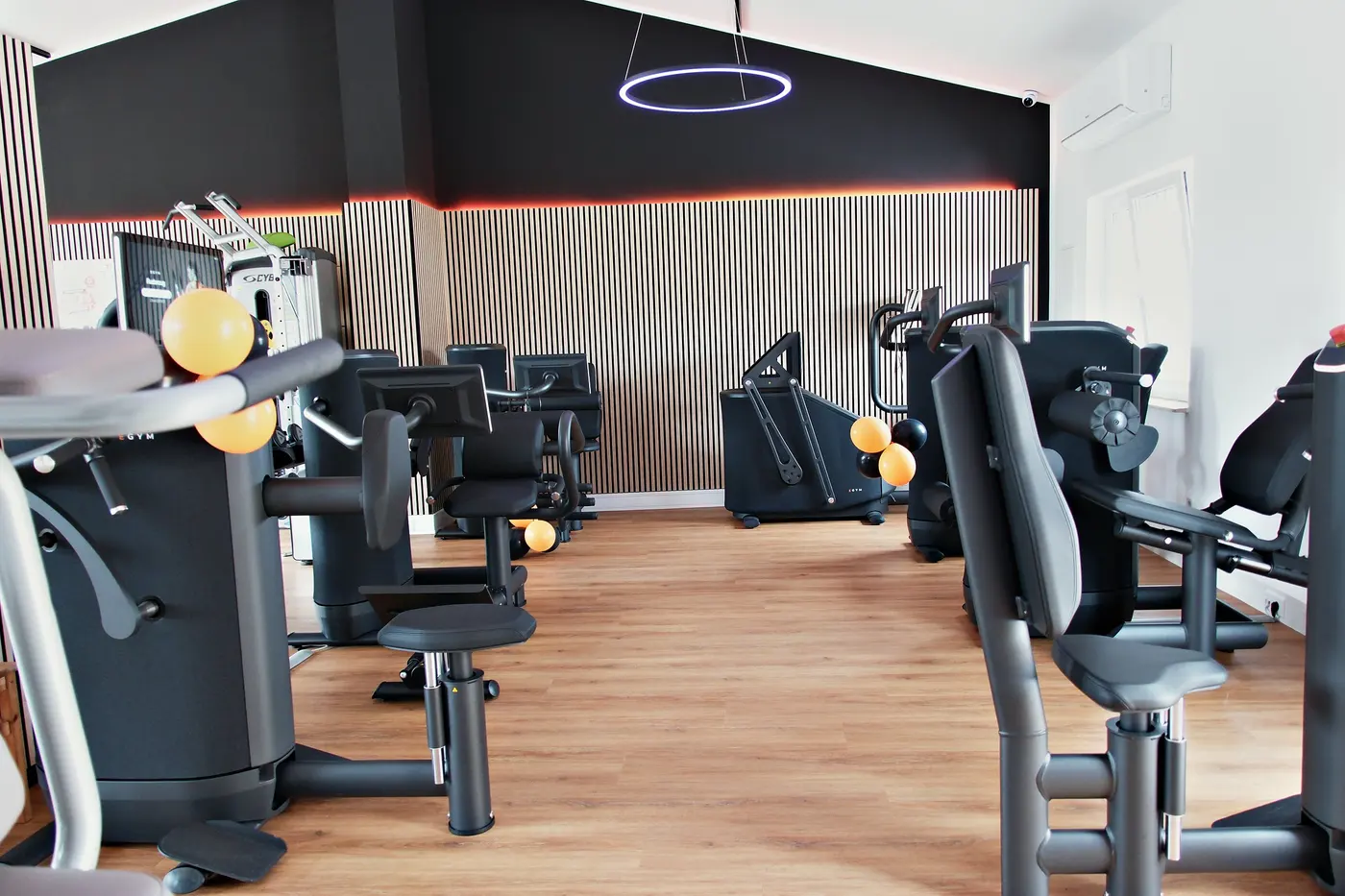 EGYM-Geräte im Trainingsraum von Naturium Sports, schwarze Ausstattung mit Holzlamellenwand